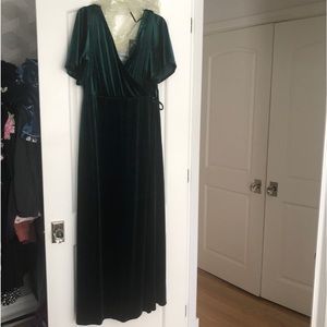 Short flutter sleeve hunter green tie waist faux wrap dress maxi velvet gown